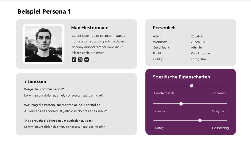 Beispiel Persona Yousty AG die Antworten auf Ihre Interviewfragen, Muster und Gemeinsamkeiten zu erkennen, mindestens eine primäre Persona zu entwickeln und diese Persona mit dem Rest des Unternehmens zu teilen. Es kann sein, dass Sie gewisse Fragen nicht direkt beantworten können. Fragen Sie bei Ihren Lernenden oder der passenden Zielgruppe nach.