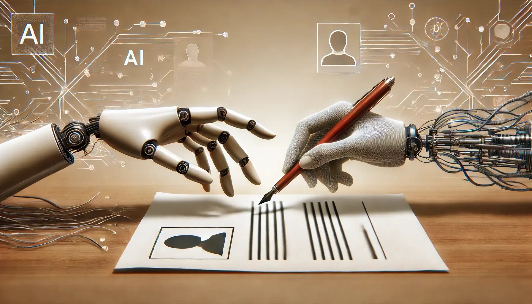 DALL·E 2024-11-18 13.55.35 - A symbolic illustration of AIs role in the hiring process. A human hand holding a pen is intertwined with a robotic hand holding a digital pen, creat